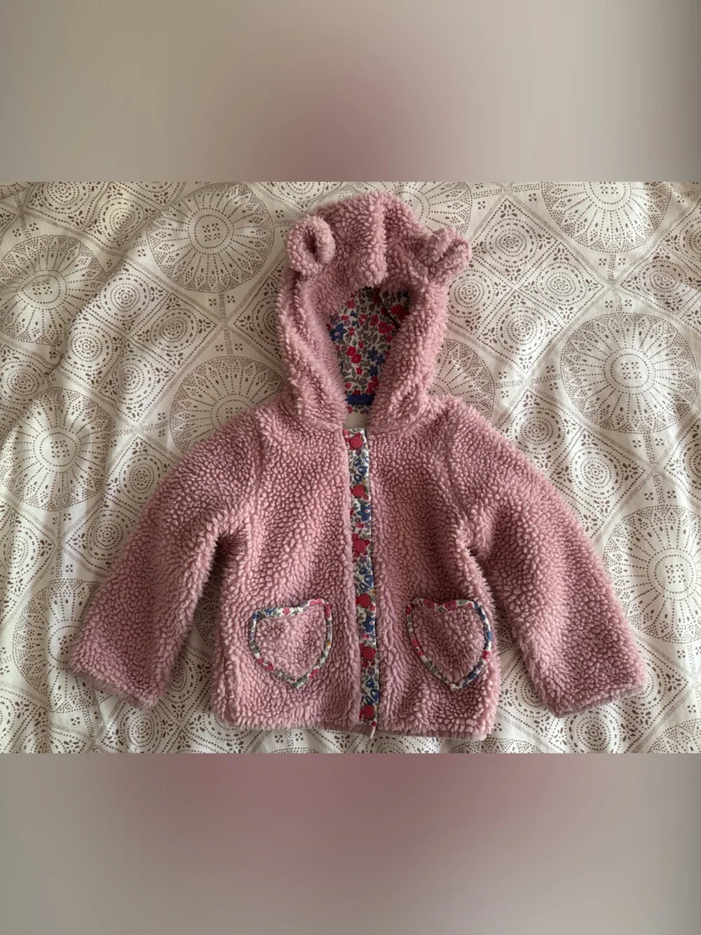 Baby Boden Pink Teddy Hooded Baby Jacket with Heart Pockets
